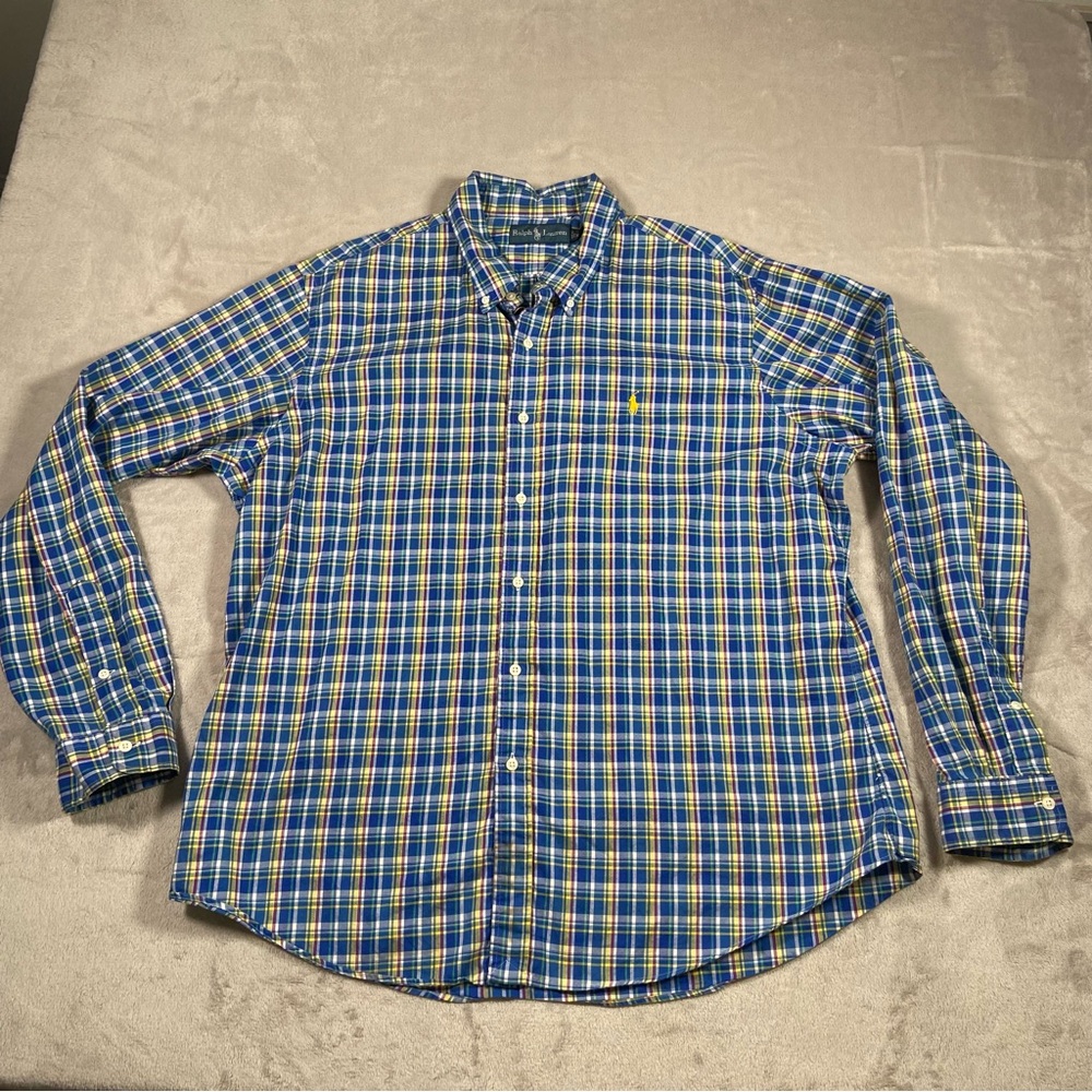 Button down Ralph Lauren blue and yellow plaid dress shirt XXL yellow pony